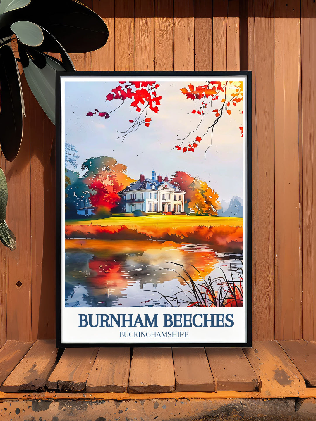 Scenic travel poster of Burnham Beeches and Kilnwood, showcasing the lush greenery and tranquil pathways of Buckinghamshire, ideal for nature and history enthusiasts alike.