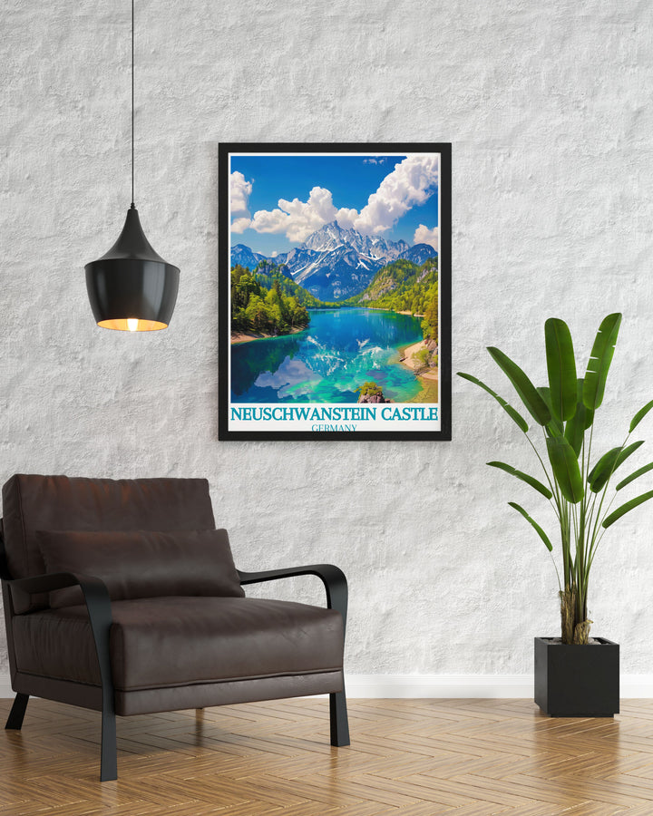 Showcasing both the majestic Neuschwanstein Castle and the tranquil Alpsee Lake, this travel poster captures the unique blend of architectural grandeur and natural beauty, perfect for enhancing your living space.