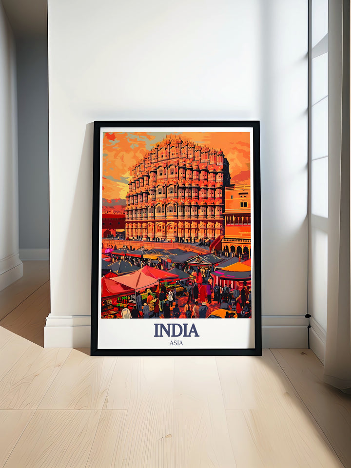 The iconic Taj Mahal and Hawa Mahal are celebrated in this beautifully designed travel poster. Featuring a vintage aesthetic, this artwork brings the essence of India into your home, offering a touch of culture and elegance.