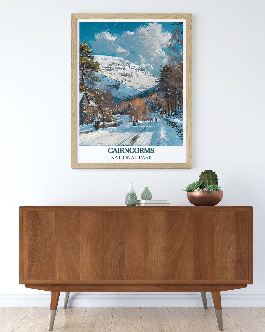 Vintage Travel Print of Cairngorm Mountain set against the Cairngorms' rugged beauty. This Scotland print is perfect for home decor and as a unique gift for those who love the Highlands.