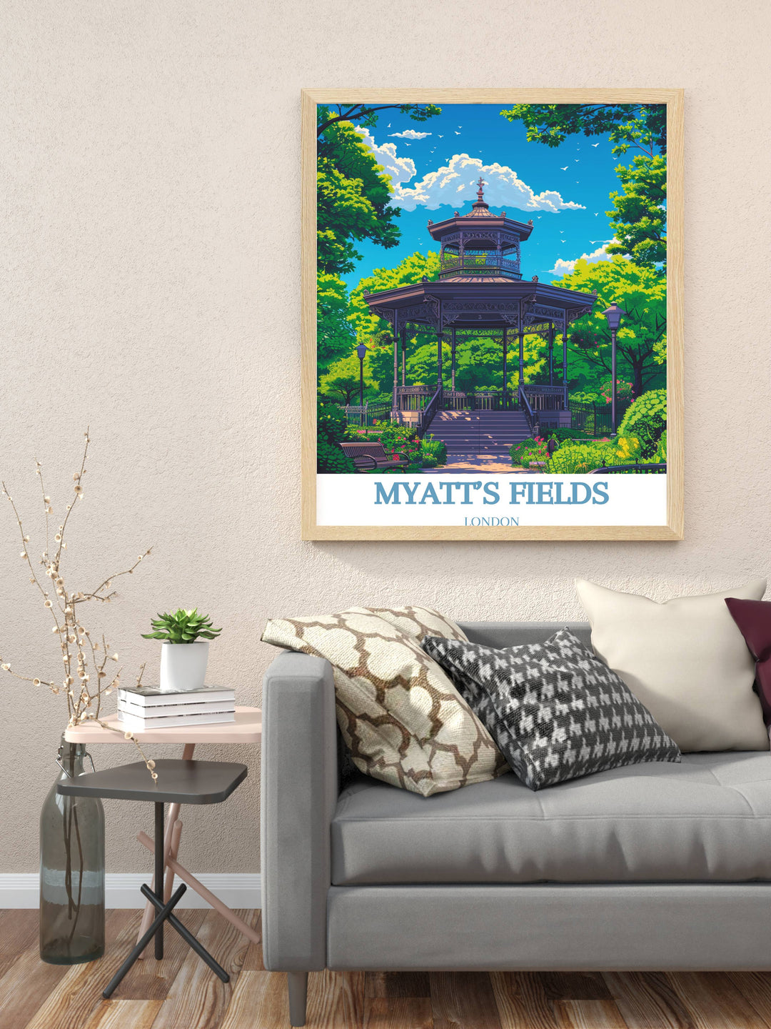 Charming Myatts Fields Park and The Bandstand Print showcasing retro London style in framed artwork perfect for adding a touch of elegance to any room