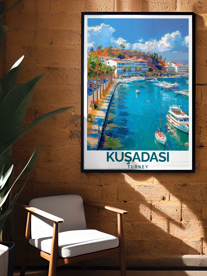 Elegant Kuşadası Marina art print featuring Turkeys picturesque marina. This Turkey travel artwork enhances any living room or bedroom with its soft colors. Perfect Turkey travel print for anyone seeking modern decor with an exotic touch.