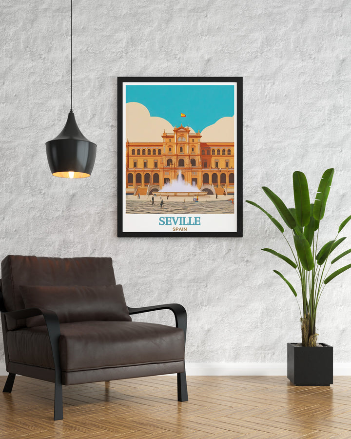 This Seville Poster Print showcases the magnificent Plaza de España in Seville, Spain. The stunning semi circular design, grand towers, and picturesque waterways create a visually captivating scene that celebrates Spains architectural brilliance. Perfect for any home or office.