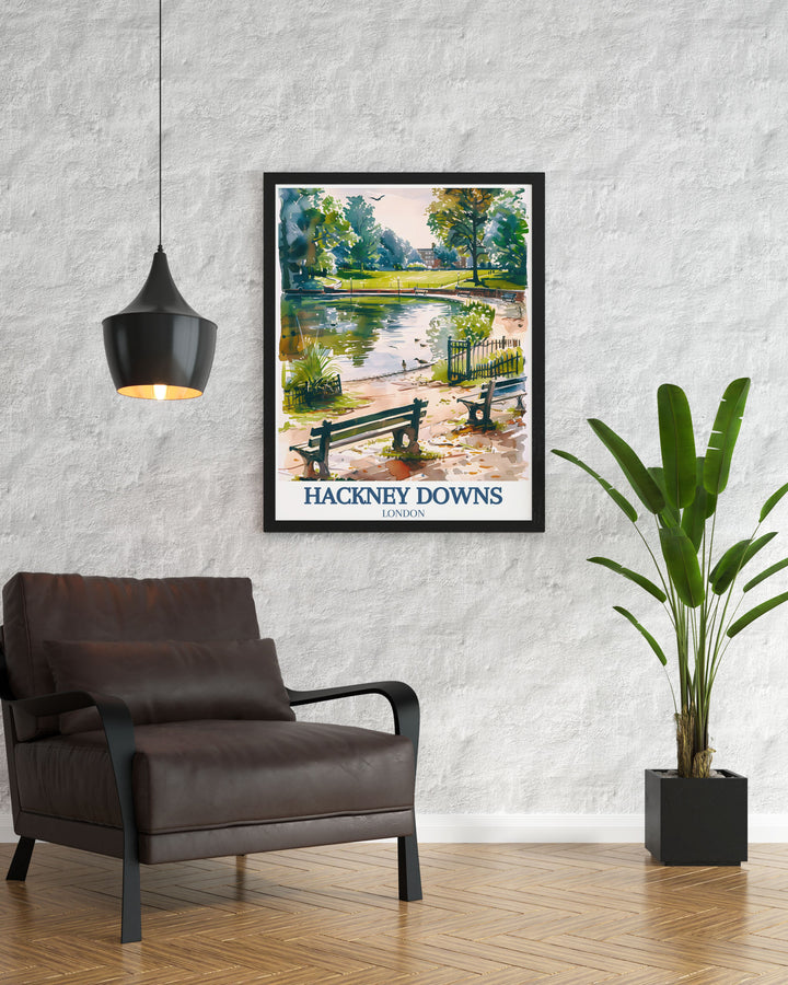 This detailed illustration of Hackney Downs Park features the beautiful lawns and mature trees, offering a picturesque view of one of East Londons favorite green spaces, perfect for enhancing your home decor.