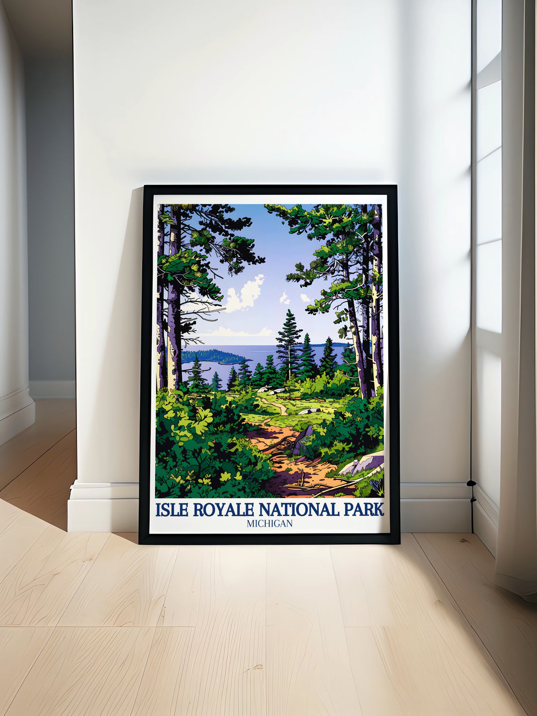 The breathtaking beauty of Isle Royale captured in this wall print, showcasing its stunning trails and unique character. This travel print is a beautiful reminder of peaceful moments spent exploring the wonders of the national park.