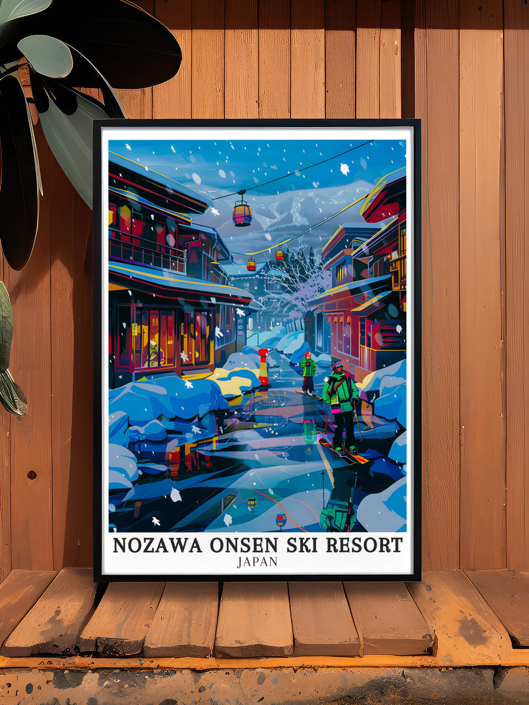 Ryokans and Onsen Hot Springs in Nozawa Onsen Print highlights the peaceful and rejuvenating atmosphere of this Japanese village. The print captures the essence of traditional Japan, with its detailed depiction of ryokans and natural hot springs.