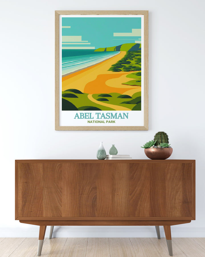 Transform your living space with this stunning Totaranui Beach Modern Print a perfect wall decor piece that captures the serene ambiance of this picturesque spot along the Abel Tasman Coast Track