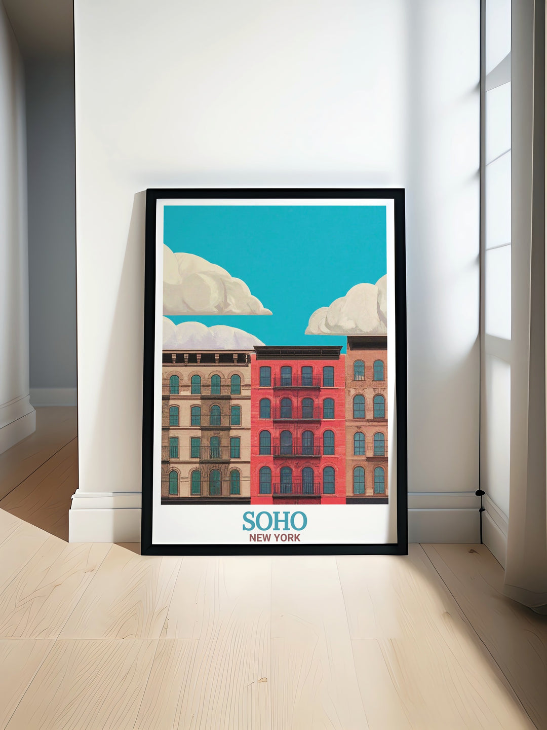 This London wall poster features a stunning depiction of the Palladium Theatre and Sohos Cast Iron District. Ideal for lovers of London architecture and theatre, the poster captures the elegance of the citys historical landmarks, creating a perfect gift for anyone who cherishes London.