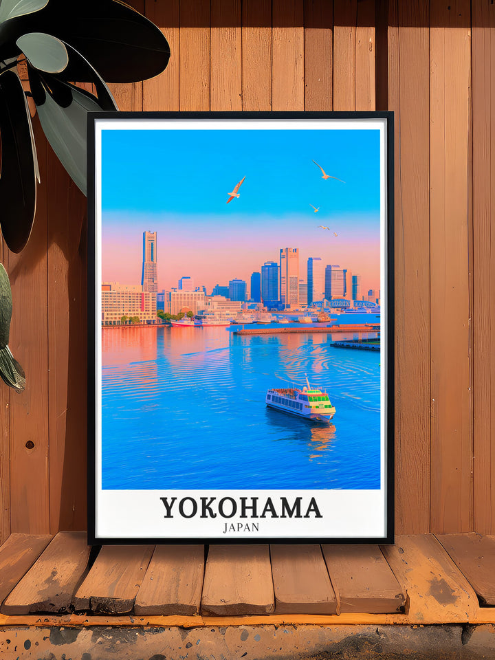 Minato Mirais futuristic skyline is beautifully depicted in this Yokohama print, with Landmark Tower standing tall as a centerpiece. The artwork highlights the districts vibrant atmosphere and innovative architecture, making it a perfect addition for those who appreciate contemporary Japanese design.