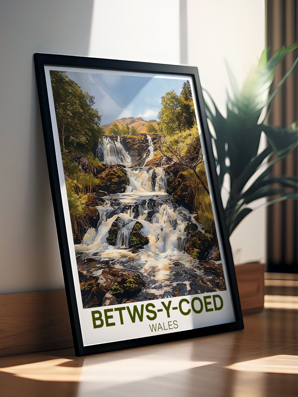 Beautiful Betws y Coed print showcasing the serene landscapes and iconic stone bridges of this Welsh village ideal for bringing a sense of tranquility to any living space Swallow Falls adds a touch of natural splendor to the piece.