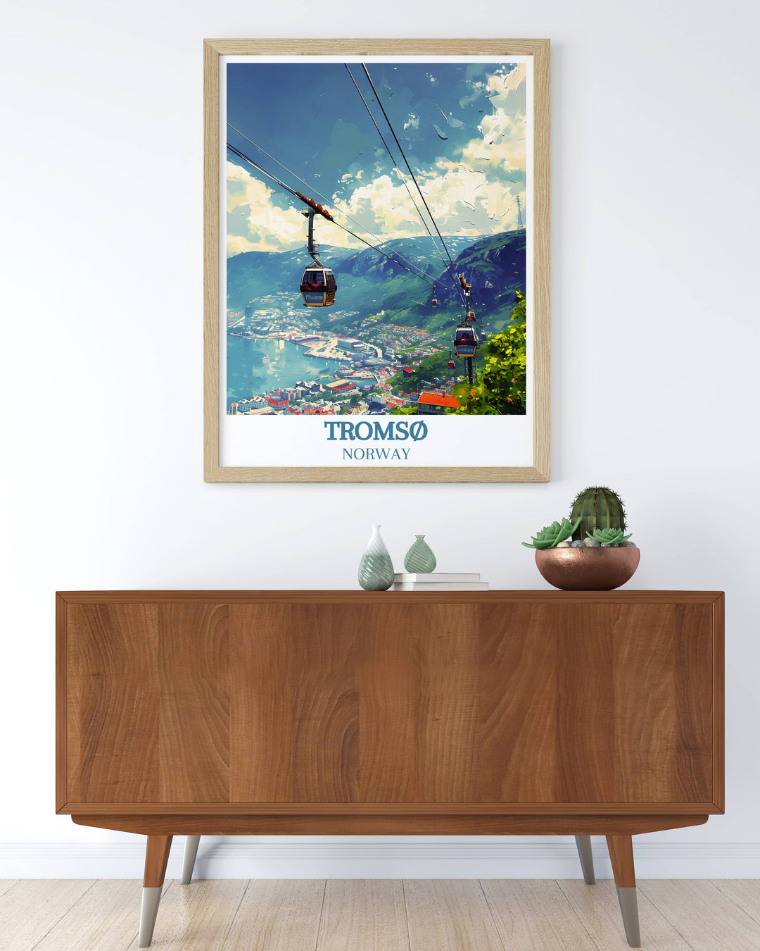 Vibrant home decor piece showcasing the Fjellheisen cable car in Tromso, Norway, set against a picturesque backdrop of snow covered peaks and serene valleys.