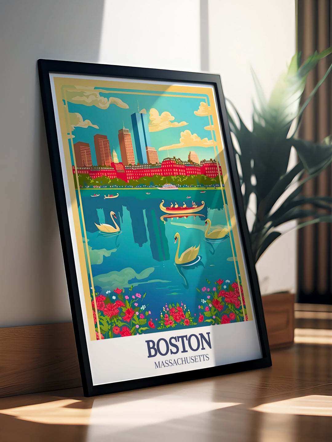 Boston Travel Poster showcases the famous Charles River alongside the towering buildings of the Financial District, capturing the essence of the citys blend of nature and urban life. A must have for anyone who admires Bostons landscape and wants to display it in their home.