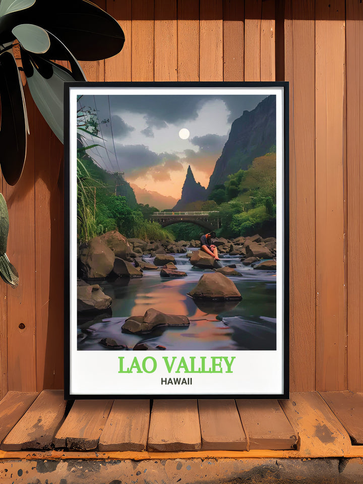 Explore the serene beauty of Lao Valley with this detailed poster print. The artwork captures the lush greenery and calm waters of Lao Stream, making it an ideal addition to your home decor, perfect for nature lovers and Hawaii enthusiasts seeking tranquility.