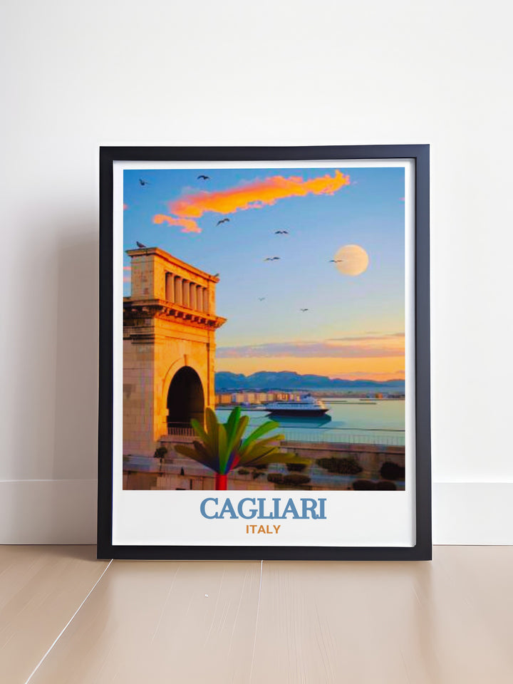 Italy Travel Print highlights the grandeur of the Bastione di Saint Remy in Cagliari, Italy, with stunning attention to detail. This print is ideal for anyone who loves Italys history and wants to bring a touch of Mediterranean elegance into their home.