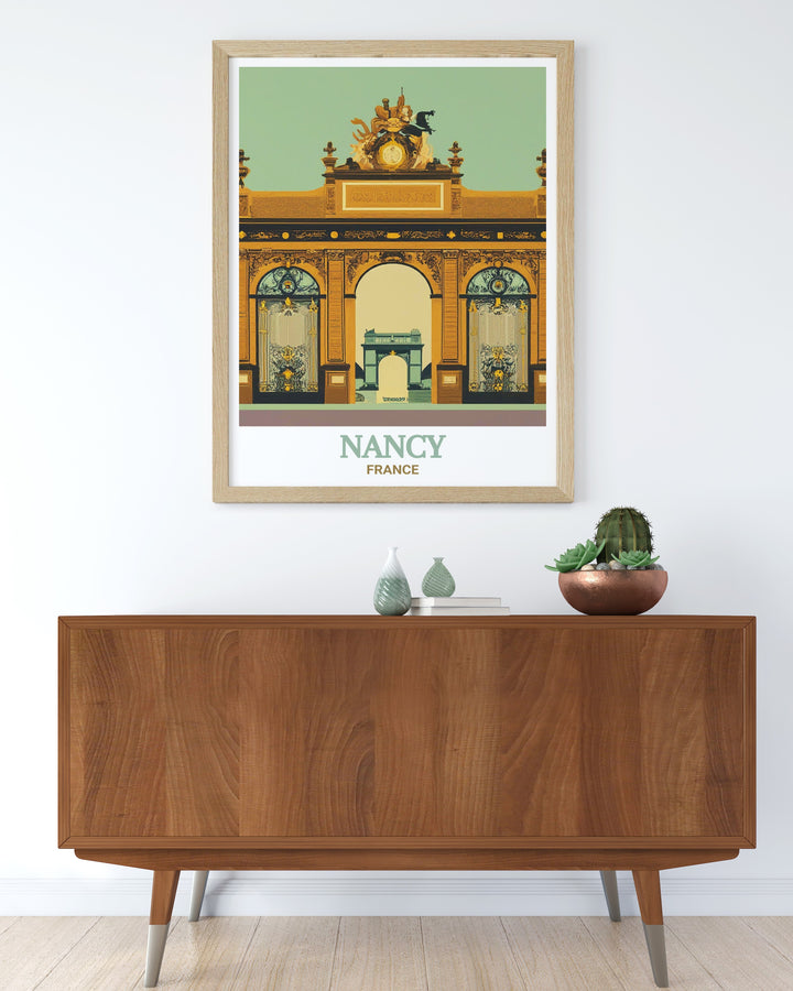 Nancy travel poster capturing the beauty of Place Stanislas, perfect for those who appreciate French architecture and art. Ideal for home decor or as a travel gift for friends or family.