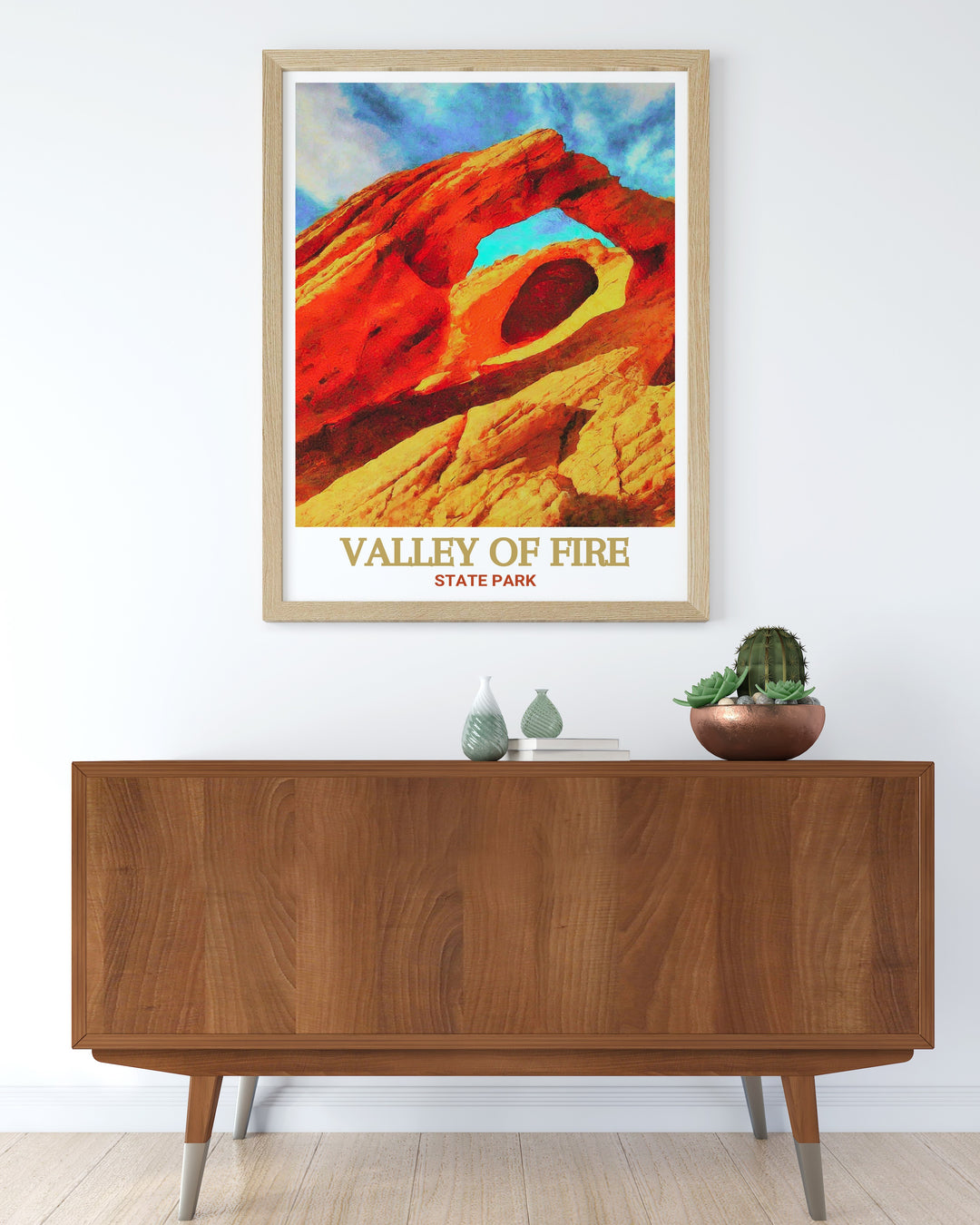 Valley of Fire State Park print featuring Arch Rock. This artwork showcases the stunning red sandstone and the unique formation of the arch, perfect for anyone who loves Nevadas natural beauty and geological wonders.