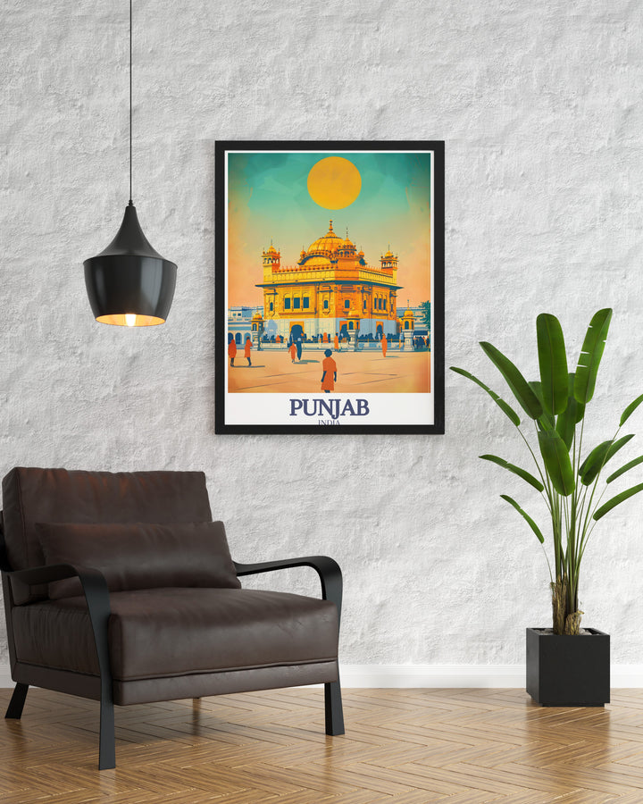 Golden Temple, Amrit Sarovar city art print featuring the beautiful architecture and tranquil waters of this iconic Punjab landmark perfect for adding a touch of cultural richness to any space.