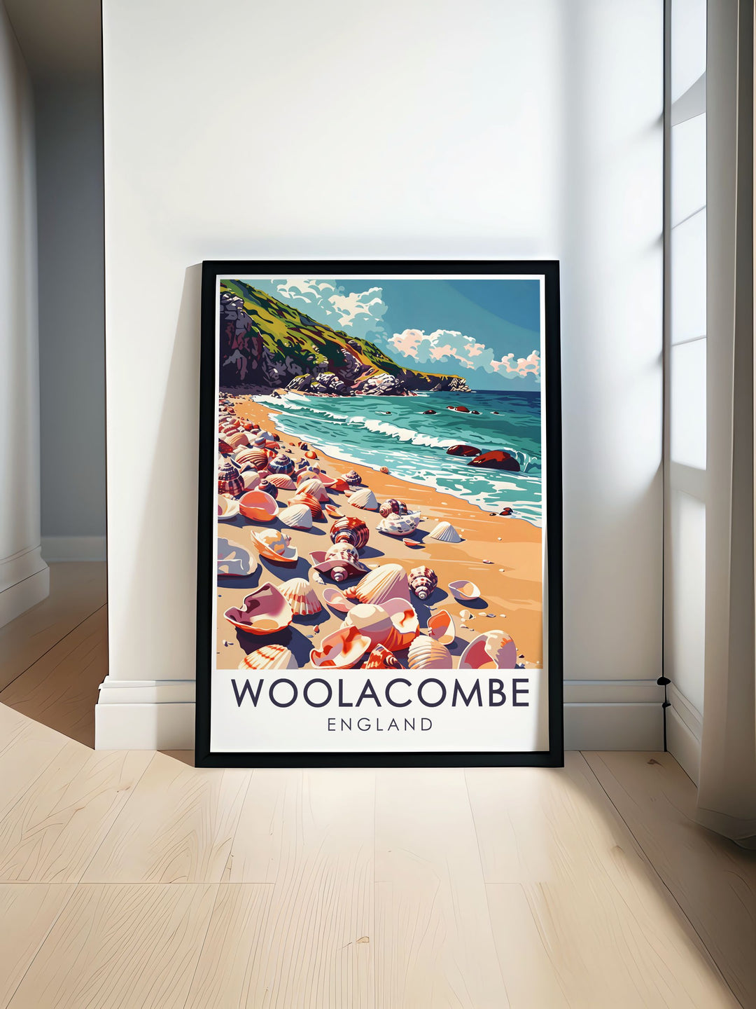 Beautiful Barricane Beach art print featuring the serene and stunning coastline of Devon perfect for modern home decor and living room decoration ideal gift for those who love the tranquil beauty of Woolacombe and Devon coastlines