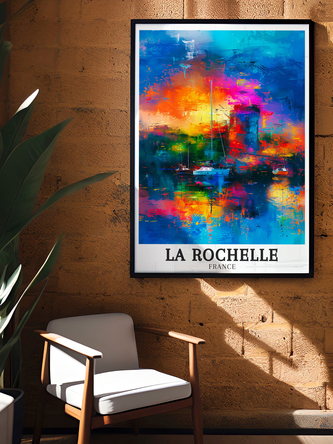 Beautiful France wall print capturing the dynamic energy of La Rochelles Old Port and the historic presence of the Chain Tower. The artwork brings to life the citys unique blend of history and coastal beauty, perfect for adding a touch of France to any room