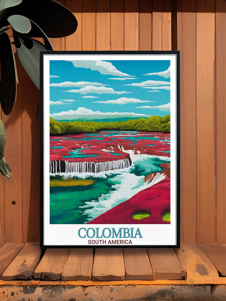 Colombia Travel Poster highlights the vivid colors of Caño Cristales and the architectural beauty of Cartagena. This artwork is perfect for travelers and nature enthusiasts who want to bring Colombias magic into their homes.