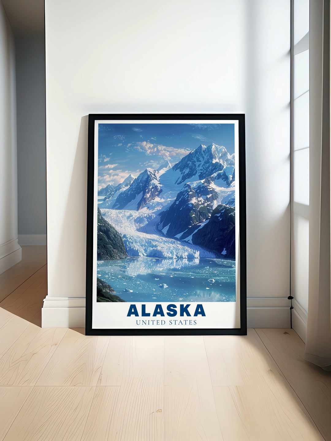 Experience the grandeur of Glacier Bay National Park with this beautiful Alaska travel print. Capturing the icy blues and dramatic vistas, this wall art brings a touch of wilderness to your space. Its an ideal choice for anyone who appreciates the natural beauty of Alaska and its national parks.