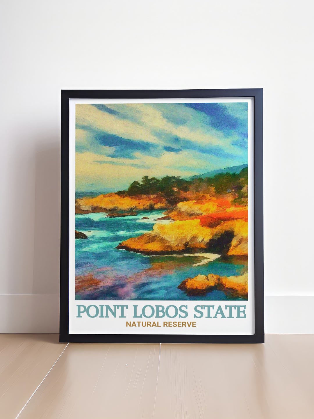 Wall poster of Point Lobos, capturing the serene landscapes and rich marine life of China Cove. This print is perfect for adding a sense of adventure and natural appreciation to your interior design, celebrating Californias coastal charm.