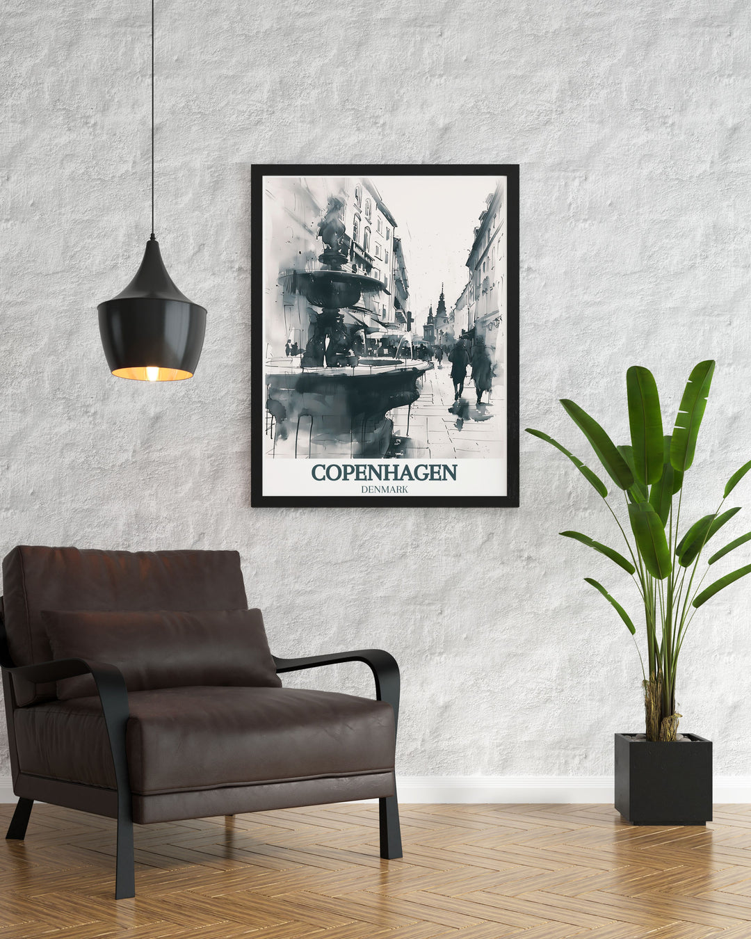 Add a touch of European sophistication to your home with this captivating Copenhagen wall art of Stroget street, Stork Fountain. The detailed print brings the lively streets and iconic landmarks of Denmark into your space. A must have for art and travel enthusiasts.