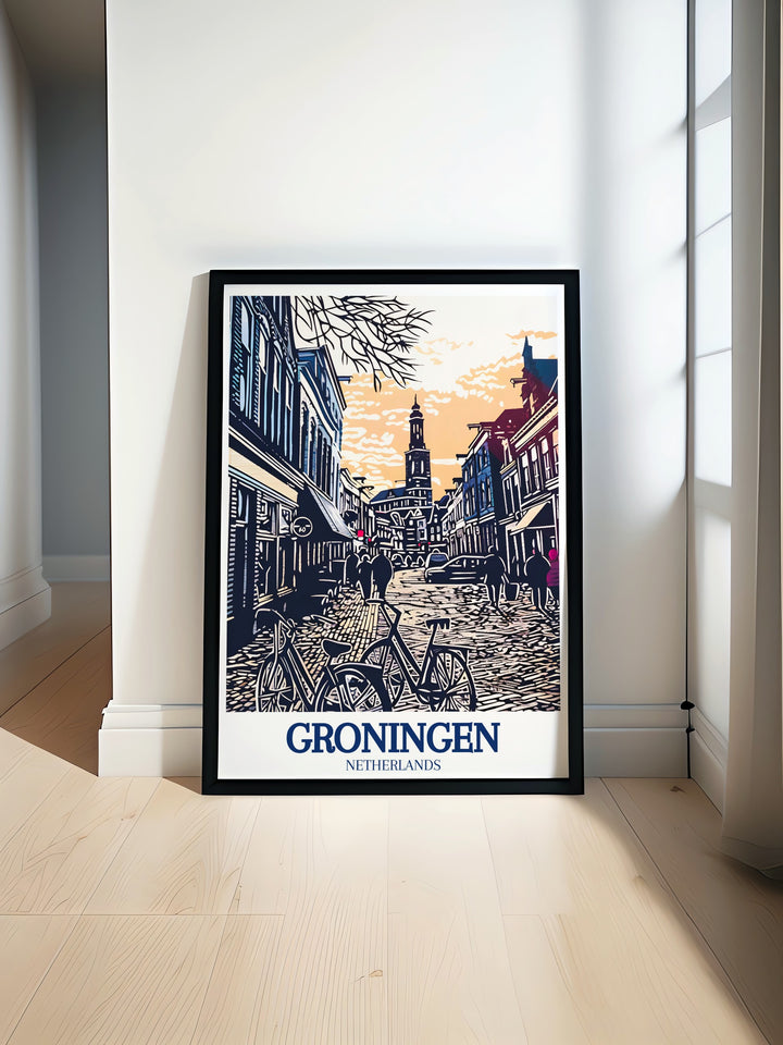 Groningen travel poster featuring the historic Martini Tower, a symbol of the citys rich history and architectural splendor. This artwork captures the iconic skyline of Groningen, bringing the essence of the Capital of the North into your home, ideal for those who appreciate European culture.