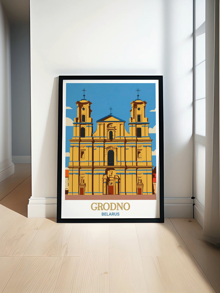 Grodnos St. Francis Xavier Cathedral is beautifully portrayed in this Belarus wall art, offering a glimpse into the history and grandeur of the city. This framed print is an excellent gift for those who appreciate European landmarks and makes a stunning centerpiece in any room.