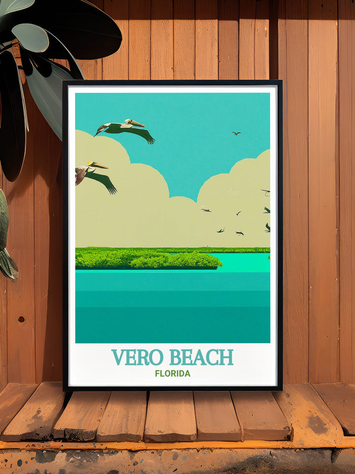 Vero Beach travel print showcasing the iconic Florida coastline with its golden sandy beaches and calm blue waters. Perfect for beach lovers, this Florida wall art captures the peaceful essence of coastal living, ideal for home décor and Florida travel gifts.