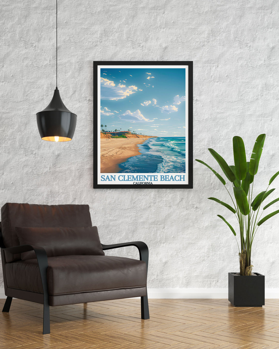 Our San Clemente Beach Travel Poster beautifully captures the essence of Californias beach culture. The print showcases the pristine coastline, offering a glimpse of the perfect day at San Clemente State Beach, ideal for coastal decor and surfing lovers alike.