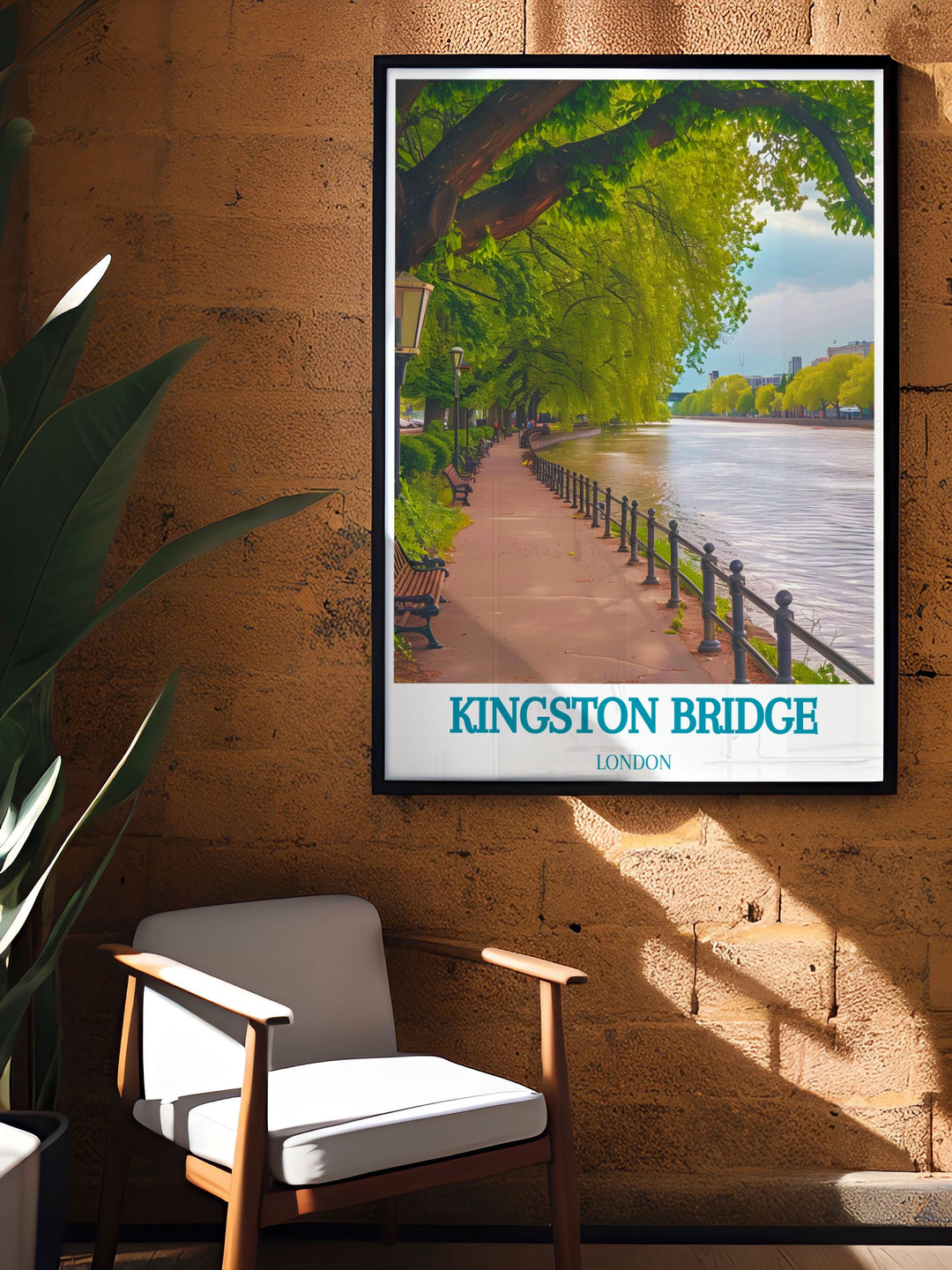 This travel poster of Kingston Bridge highlights the rich history and architectural beauty of one of Londons most significant structures, with a focus on its scenic surroundings.