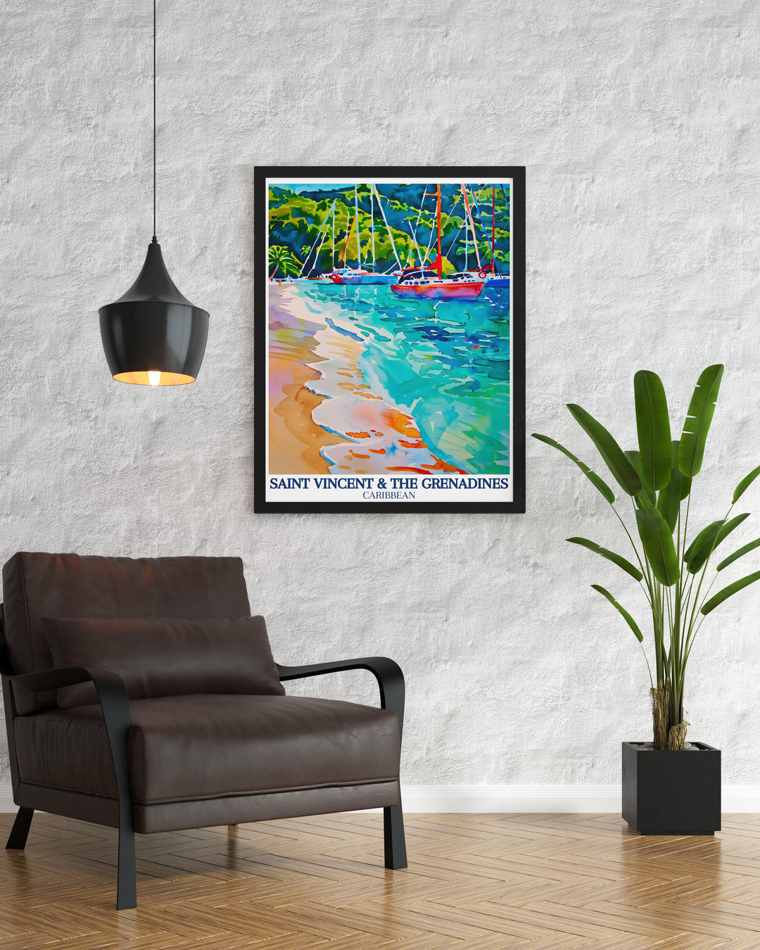 A vibrant poster print showcasing the beauty of Saint Vincent & The Grenadines, featuring the turquoise waters of the Caribbean Sea and the natural beauty of the Caribbean islands. Ideal for anyone seeking Caribbean décor that captures the tropical allure of the region.