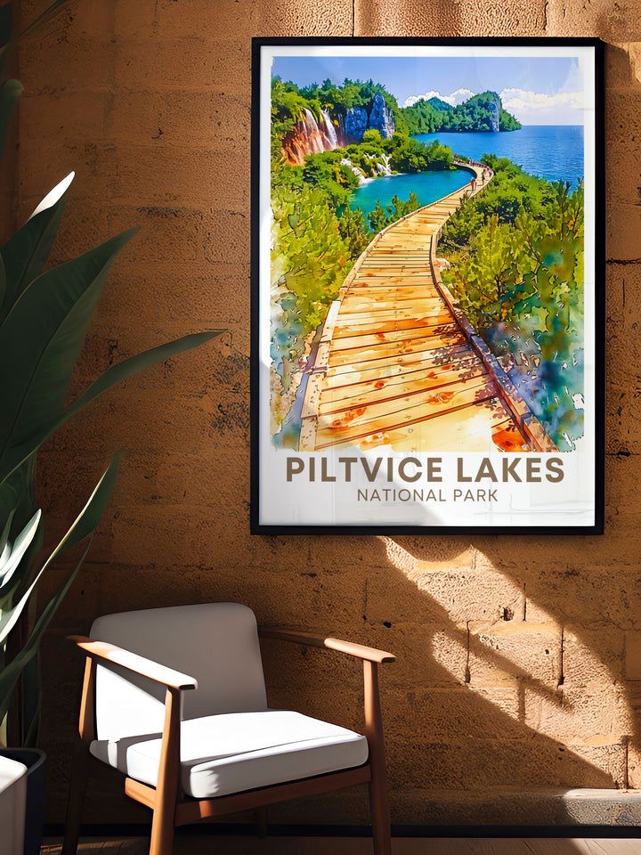 Plitvice Lakes Boardwalk artwork perfect for adding a touch of nature to your home this travel print features the serene beauty of Croatias Plitvice Lakes a perfect piece for art collectors and travel enthusiasts who appreciate detailed and vibrant prints