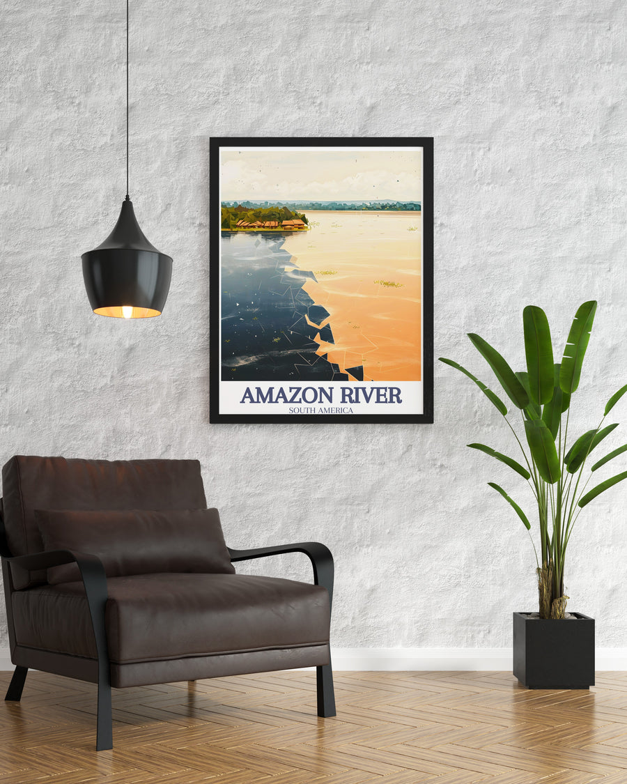 The Encontro das Aguas, Rio Negro and Solimoes rivers artwork is perfect for personalized gifts. This vibrant travel poster is ideal for birthdays, anniversaries, and Christmas, offering a unique and memorable way to celebrate special occasions with loved ones.