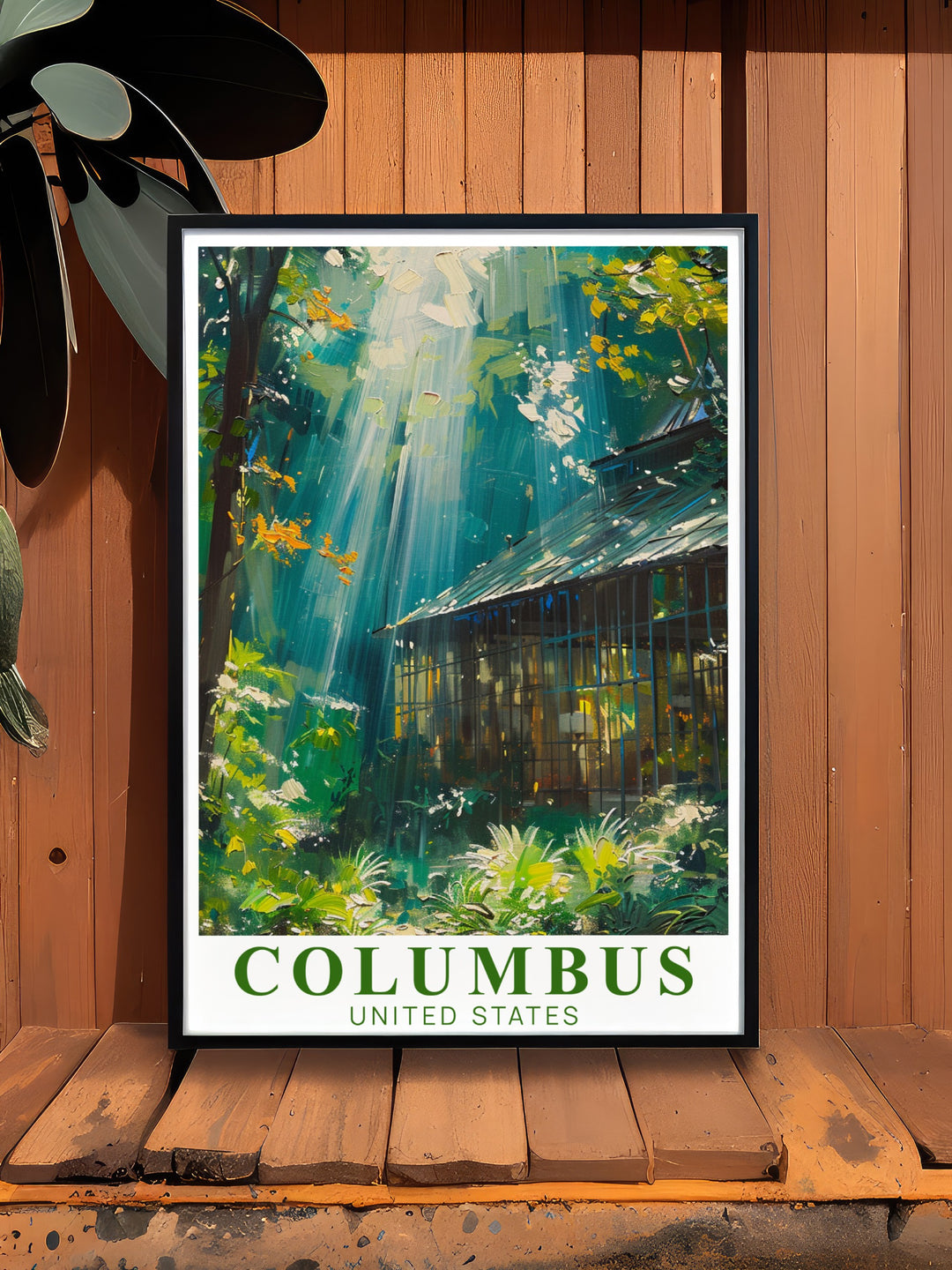 Stunning Columbus travel poster showcasing Franklin Park Conservatory alongside the city skyline. A beautiful vintage inspired print ideal for home decor and gifts that highlight Columbus landmarks and provide a unique touch to any space.