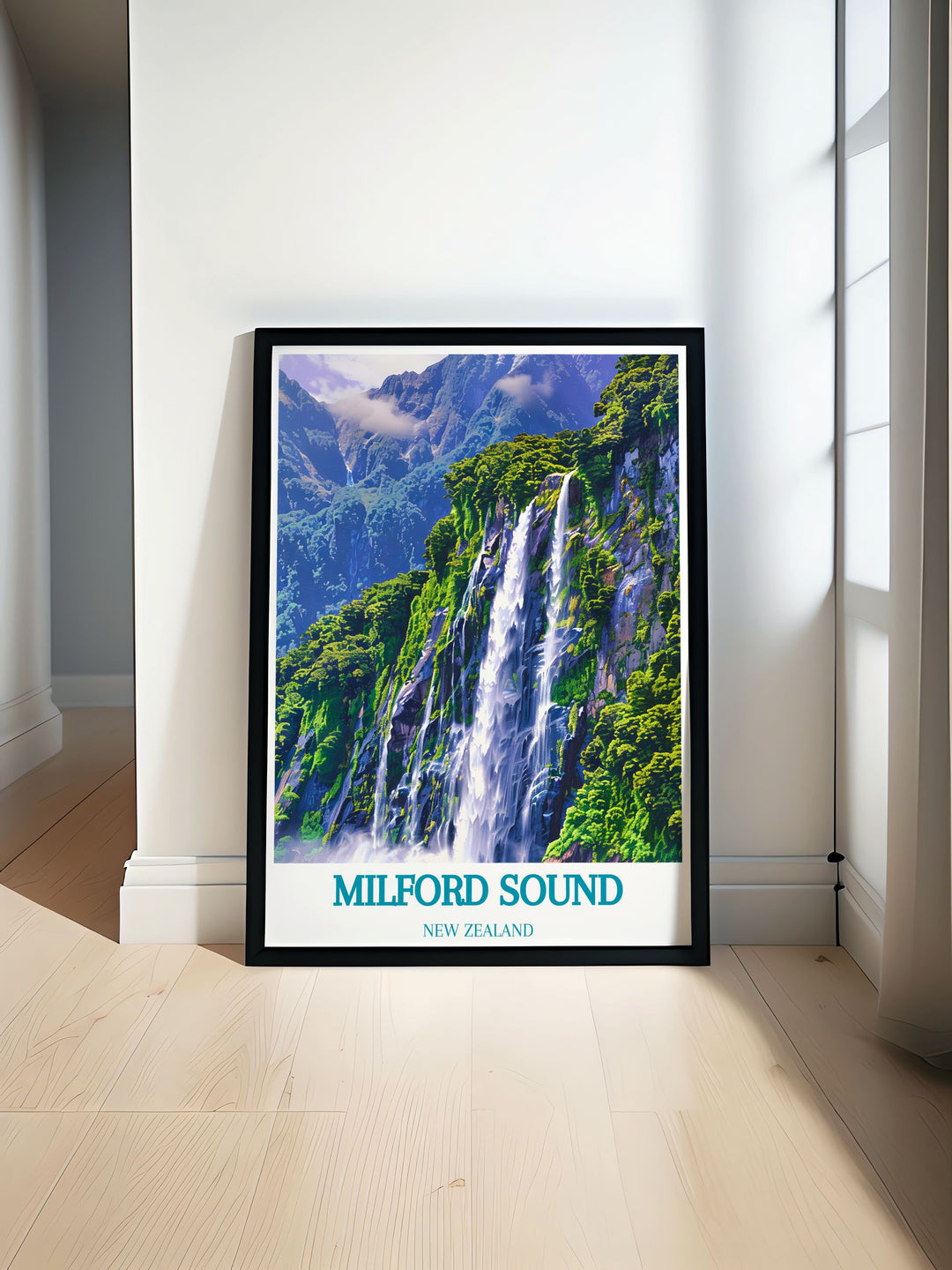 Milford Sound print featuring the breathtaking Stirling Falls with its powerful cascade set against the dramatic landscape of Fiordland National Park. Ideal for adding elegance to any home decor.