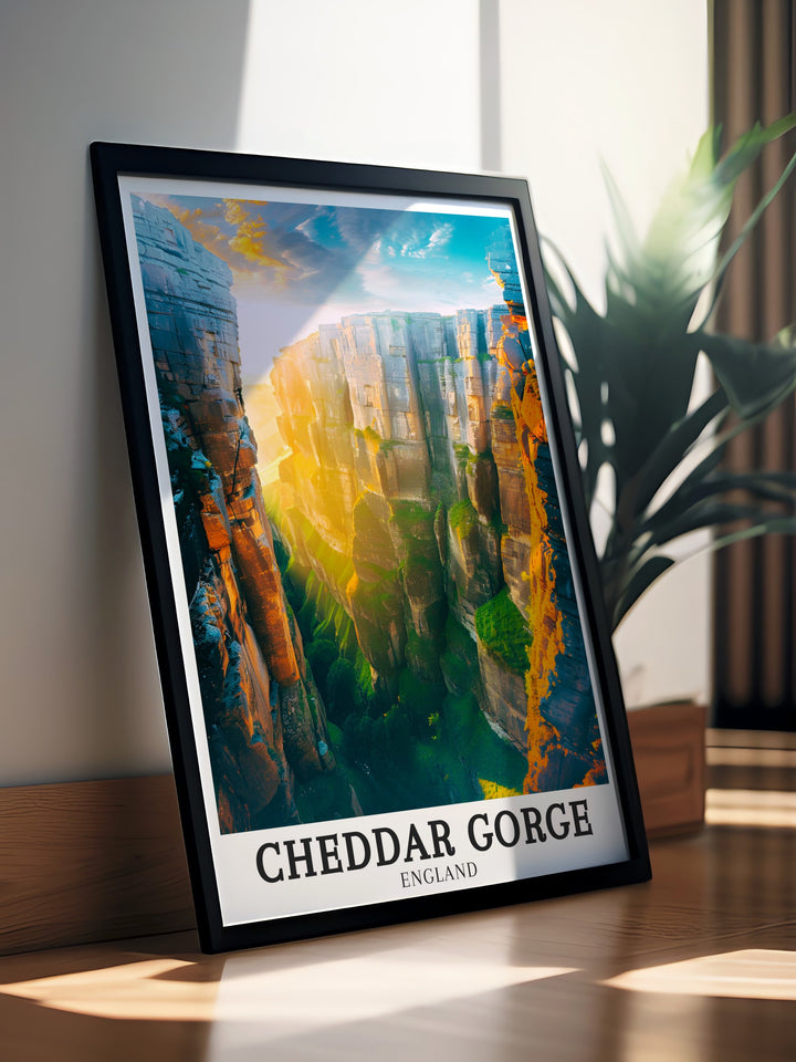 Mendip Hills travel poster showcasing the famous Cheddar Gorge, the Cheddar Complex, and Wookey Hole Caves, offering a perfect balance between rugged adventure and serene natural beauty.