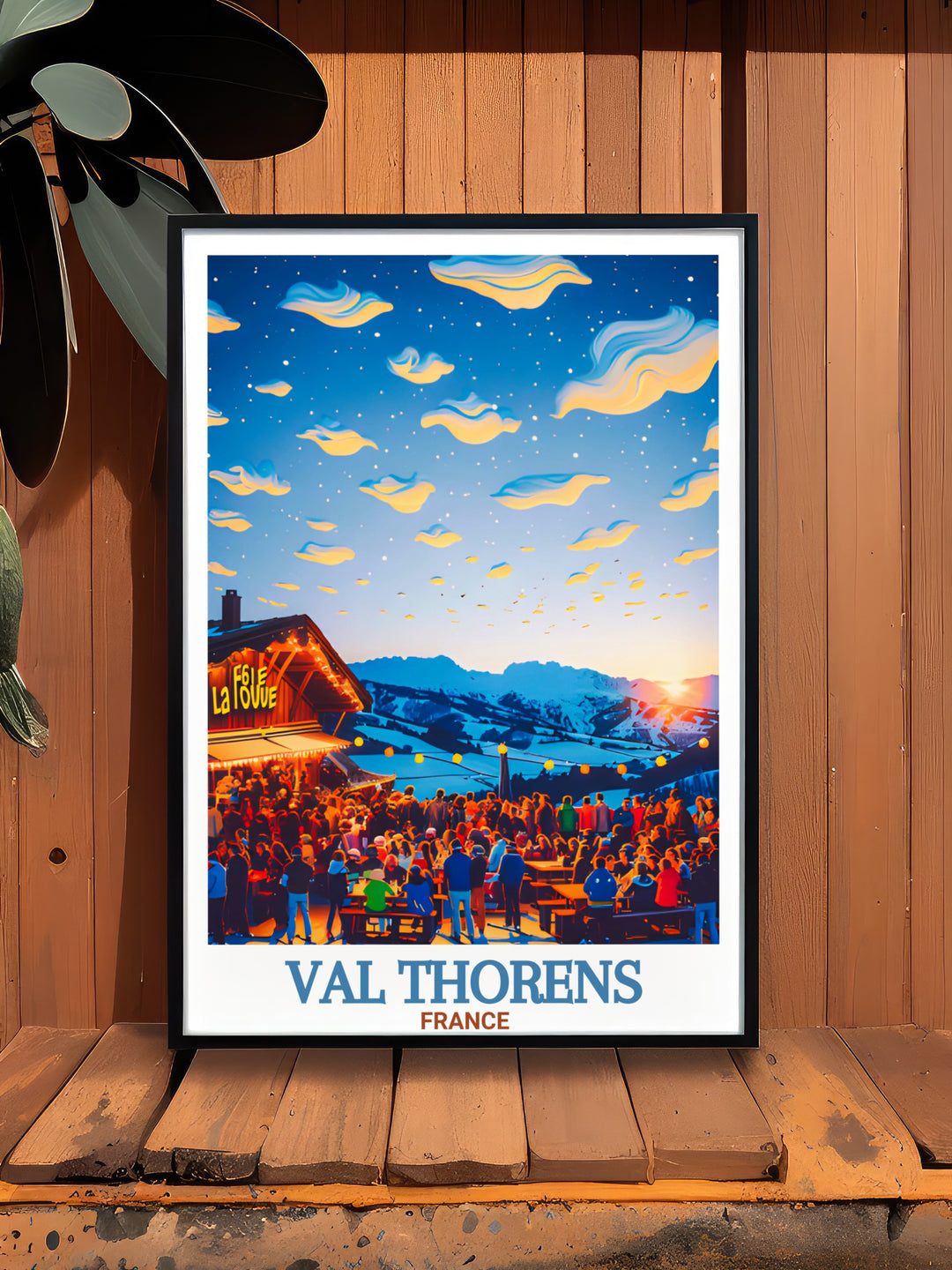 Ski resort print of Val Thorens and La Folie Douce vibrant skiing wall art that adds adventure and style to your living space this ski poster captures the lively spirit of alpine skiing and is ideal for anyone who loves winter sports and mountain views.