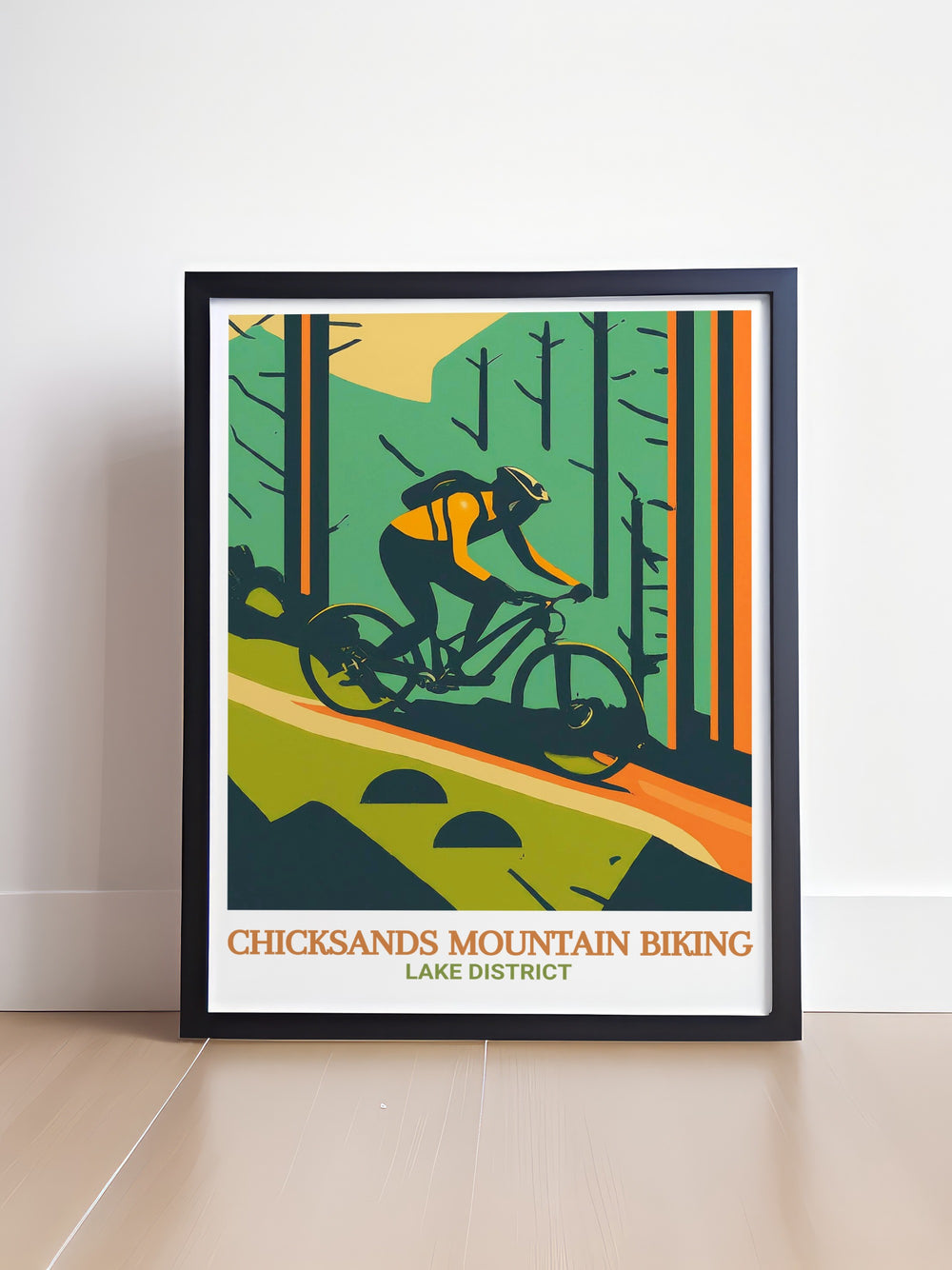 A beautifully detailed travel poster of Chicksands MTB Park, highlighting the best features of its famous trails, jumps, and landscapes, making it an essential piece of wall art for any mountain biking fan.