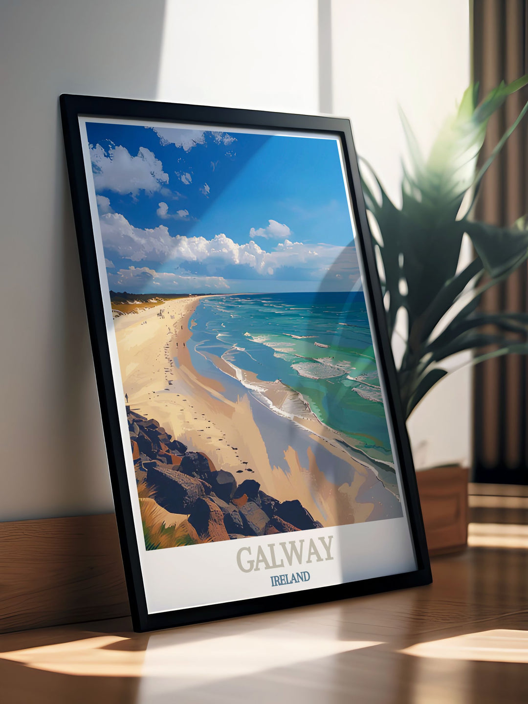 This Galway Travel Poster perfectly blends the best of both worlds – the bustling streets of Galway and the serene shores of Silverstrand Beach. Its black and white fine line design adds a touch of sophistication to any room.