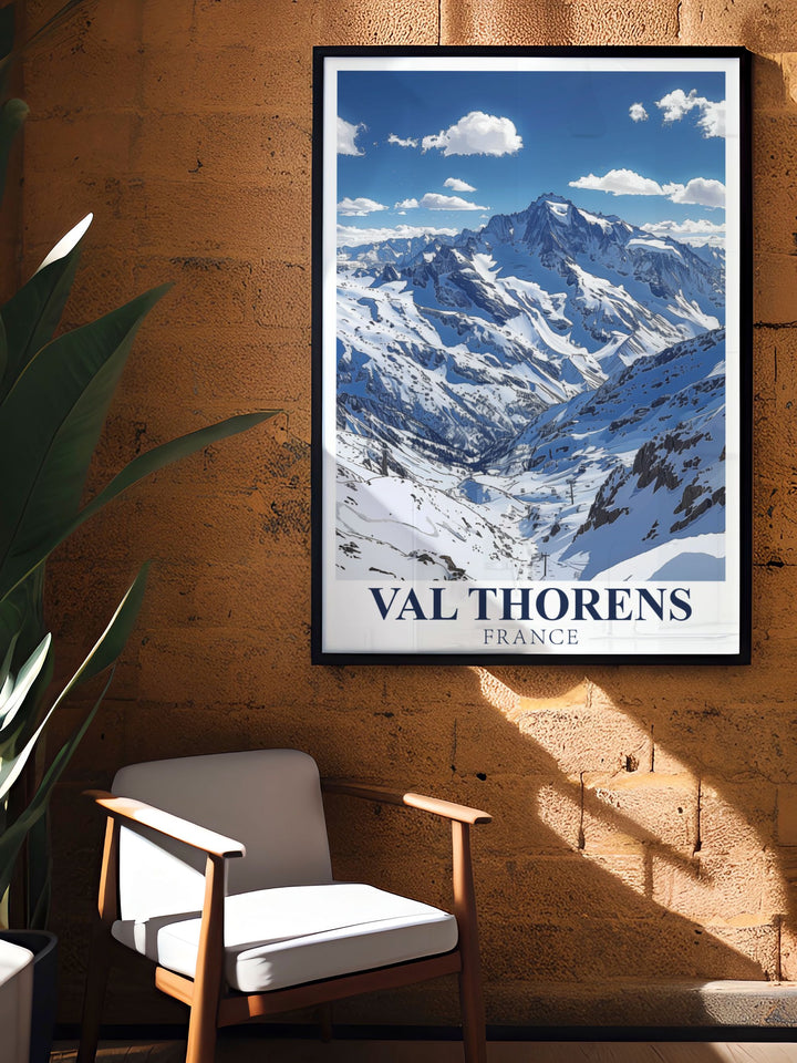 A beautiful travel print of Val Thorens and Cime Caron, capturing the thrill of skiing in Europes highest resort. This poster brings the stunning views and excitement of the French Alps into your home, offering a perfect gift for mountain lovers.