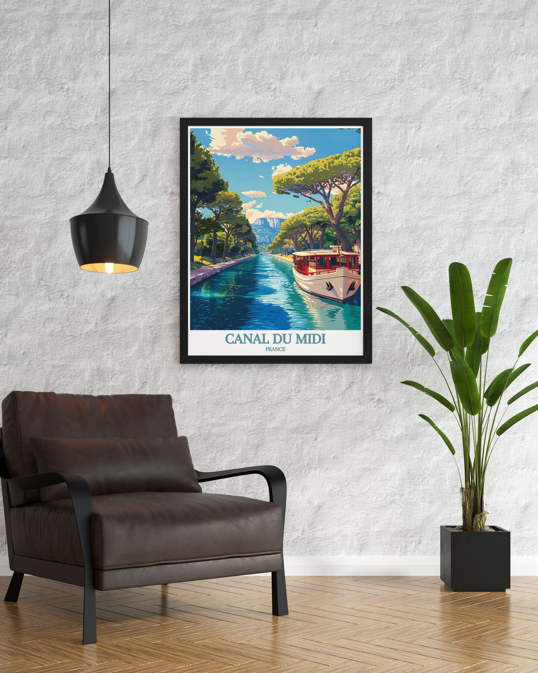 Framed Canal du Midi print capturing the beauty of a French canal boat cruise ideal for adding elegance to any room