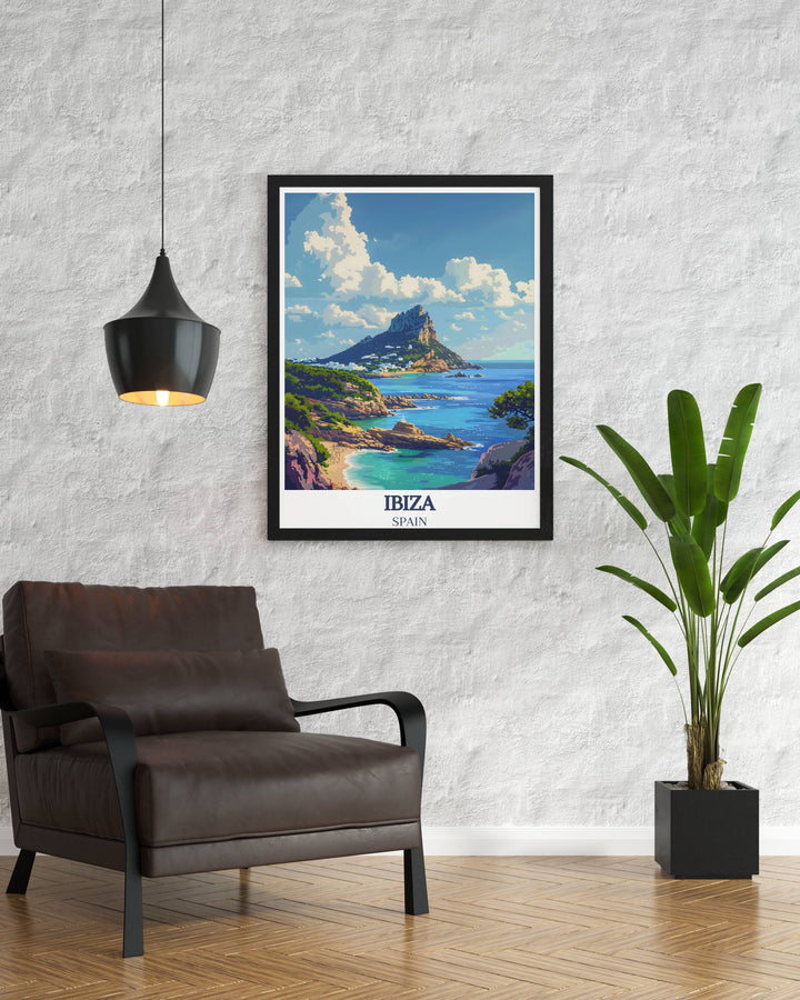 O Beach Poster highlighting the lively atmosphere of San Antonio Ibiza and the serene beauty of Es Vedra Digital an ideal addition to your home decor for a blend of vibrant nightlife and mystical natural scenes
