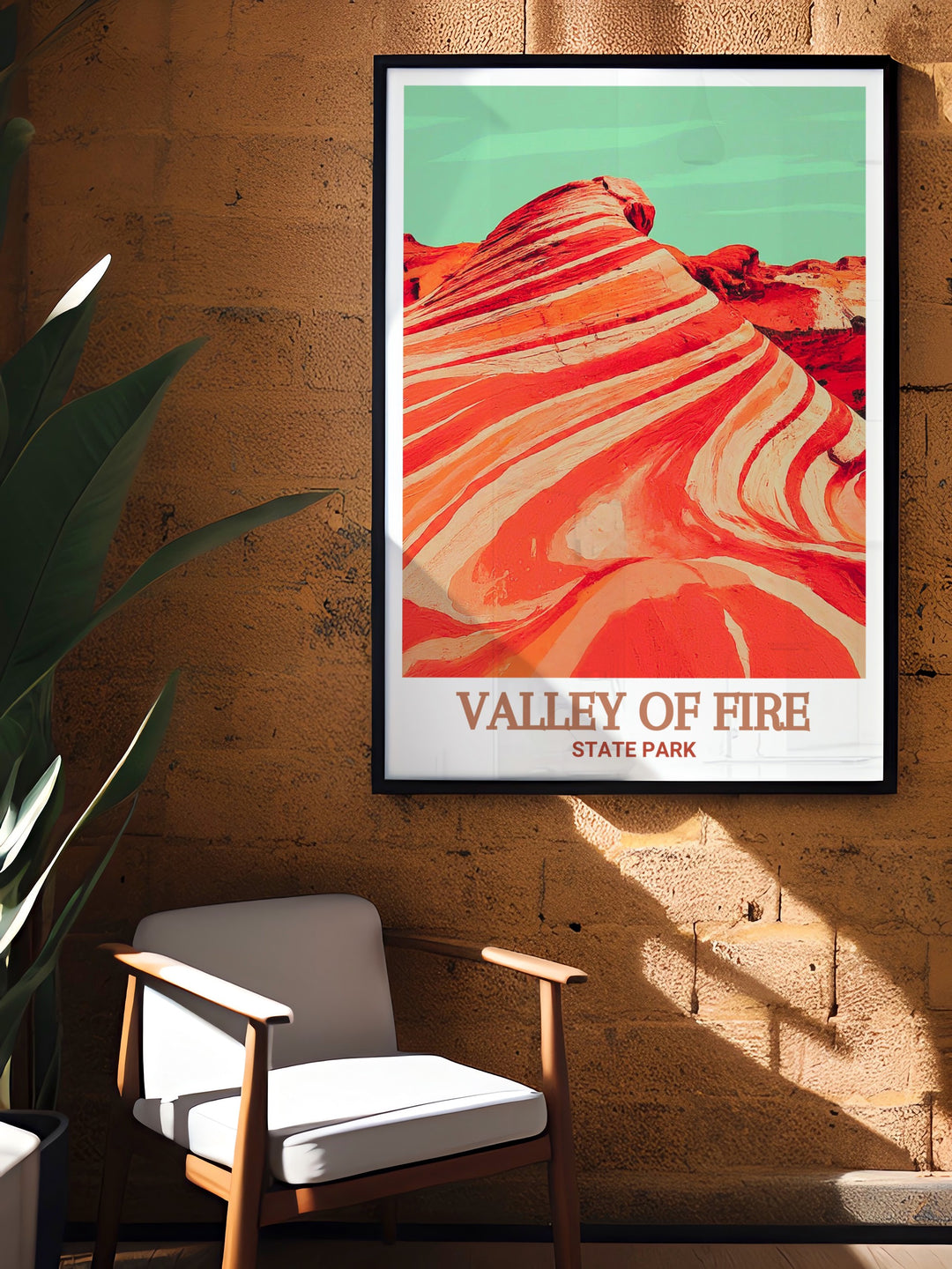 Valley of Fire State Park art print featuring the Fire Wave. This vibrant and detailed artwork captures the unique red and white sandstone formations and the flowing wave like layers. Perfect for adding a touch of Nevadas natural landscape to your home decor.