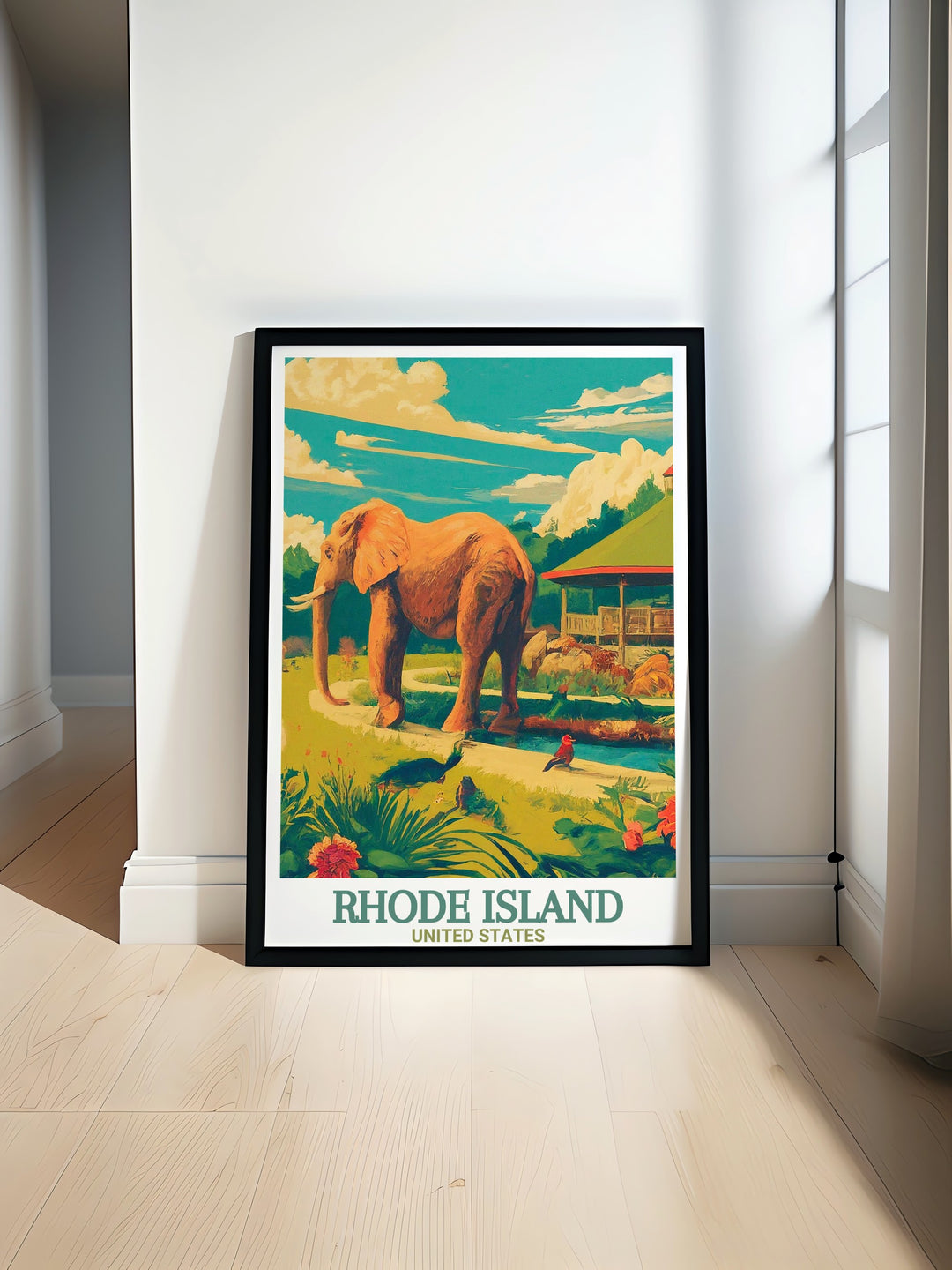 A beautiful travel poster print showcasing the Roger Williams Park Zoo in Rhode Island, capturing the essence of the zoos landscape and wildlife. This unique piece of art is perfect for adding a touch of Rhode Islands natural beauty to your home, office, or as a thoughtful gift for travelers and nature lovers.