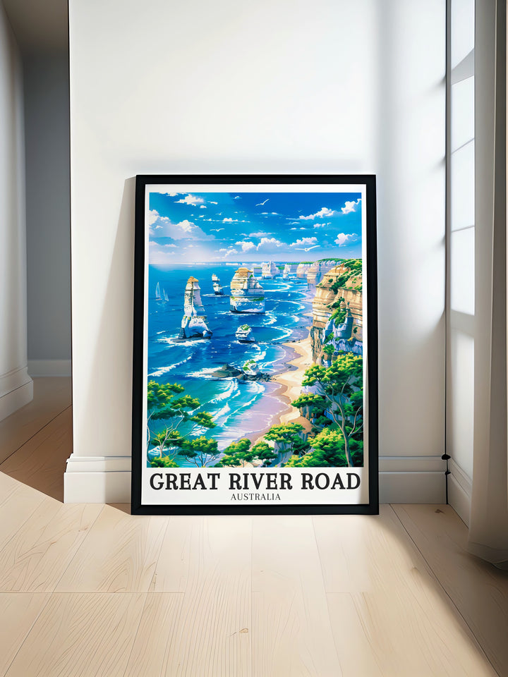 Great River Road travel poster featuring detailed views of Australias iconic riverside landscapes. This wall print is ideal for creating a peaceful and serene atmosphere in your living room or office, with its calming design and beautiful natural imagery.