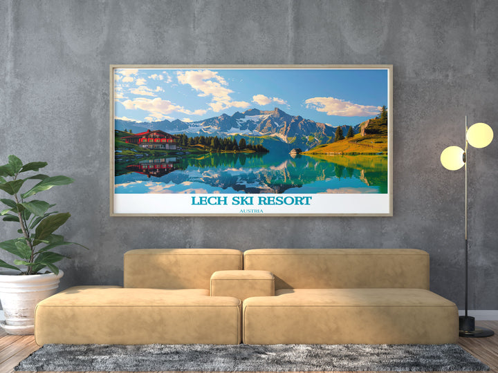 Elegant Zursersee Lake framed print showcasing the stunning landscape of Austrias alpine region. This modern art piece adds a sophisticated touch to your decor with its detailed portrayal of Zürsersee Lakes pristine waters and majestic surroundings. Ideal for stylish home settings.