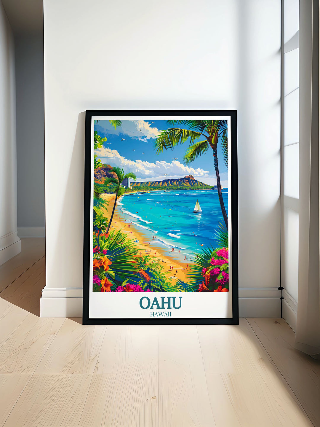 This Oahu print captures the stunning view of Waikiki Beach and Diamond Head Crater bringing the vibrant essence of Hawaii into your home perfect for enhancing your living space with tropical charm.