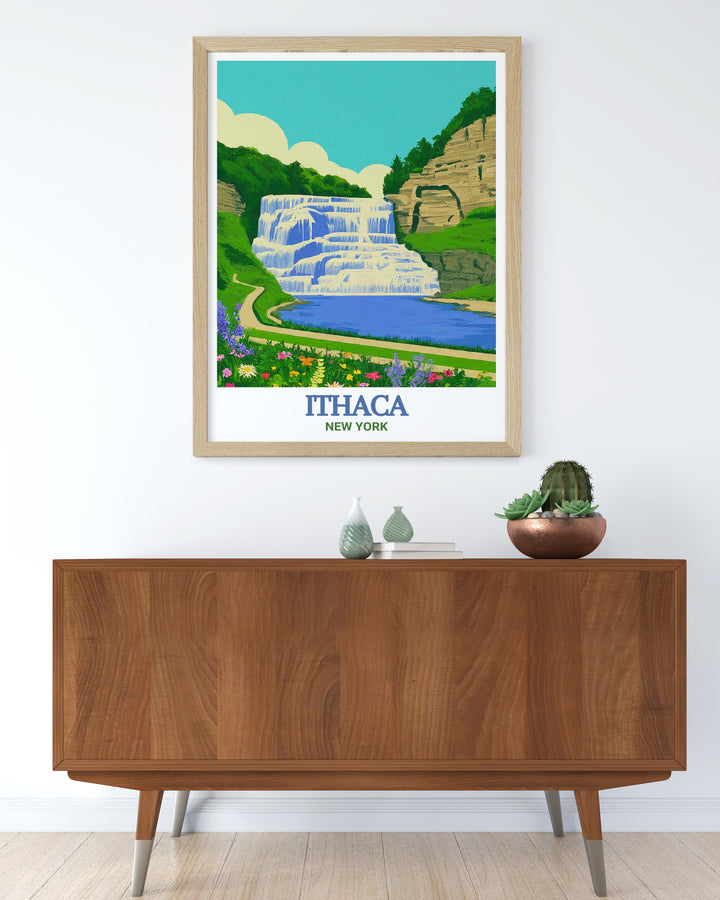 Elegant print of Ithaca Falls, capturing the majestic beauty of one of New York States most iconic natural wonders. The detailed illustration and vibrant colors make this print a beautiful addition to any home decor, celebrating the captivating scenery of Ithaca.